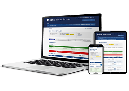 Laptop and phone with builders services portal displayed on them